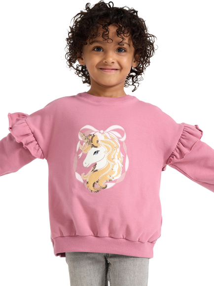 Lindex Kids' Cotton Sequin Unicorn Frill Jumper, Dusty Pink, Dusty Pink