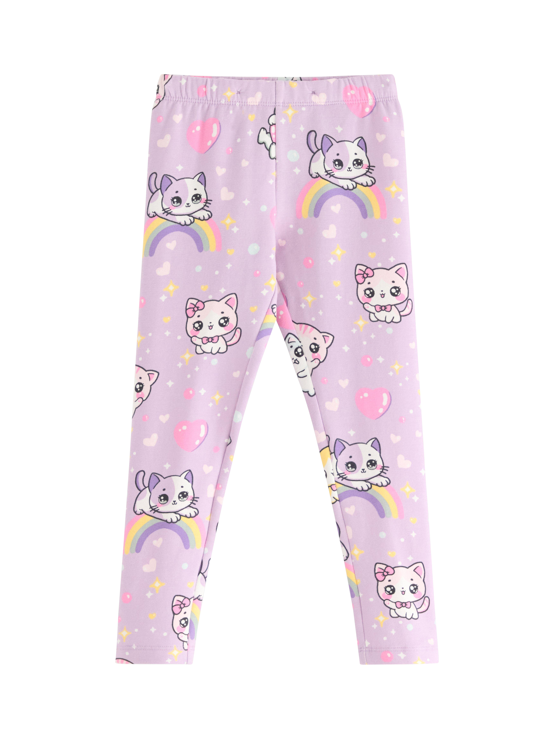 Product image 1 of 3, which shows Lindex Kids' Elasticated Kitten Print Leggings, Light Lilac, 18-24 months