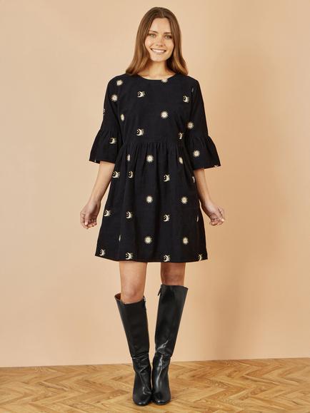Yumi Cosmic Embroidered Corduroy Tunic Dress, Black - view 2, Black