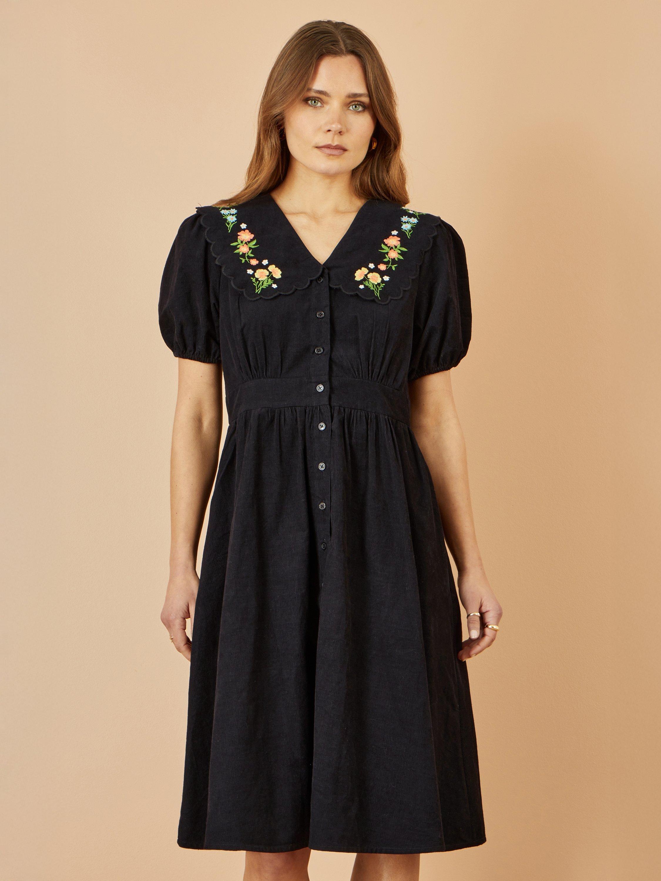 Yumi Emrbroidered Floral Corduroy Tea Dress, Black/Multi