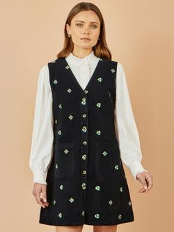 Yumi Embroidered Floral Corduroy Pinafore Dress, Black, Black