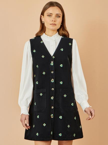 Yumi Embroidered Floral Corduroy Pinafore Dress, Black, Black