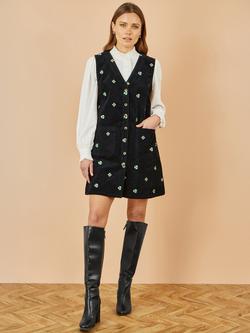 Yumi Embroidered Floral Corduroy Pinafore Dress, Black - view 2, Black