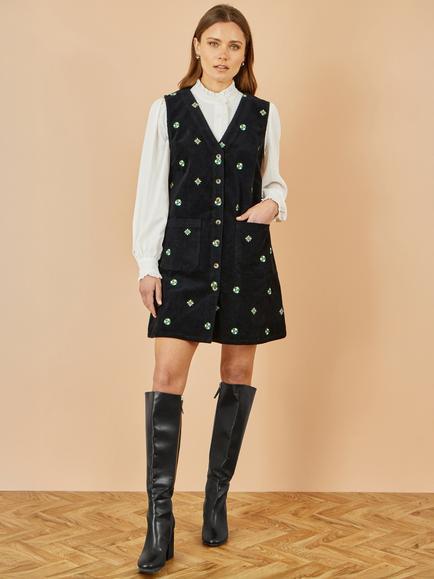 Yumi Embroidered Floral Corduroy Pinafore Dress, Black - view 2, Black