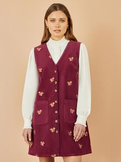 Yumi Embroidered Squirrel Corduroy Pinafore Dress, Burgundy, Burgundy