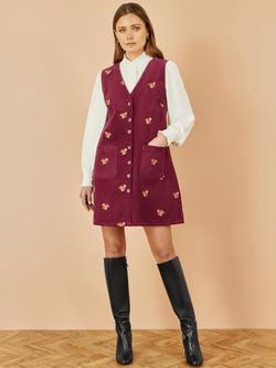 Yumi Embroidered Squirrel Corduroy Pinafore Dress, Burgundy - view 2, Burgundy