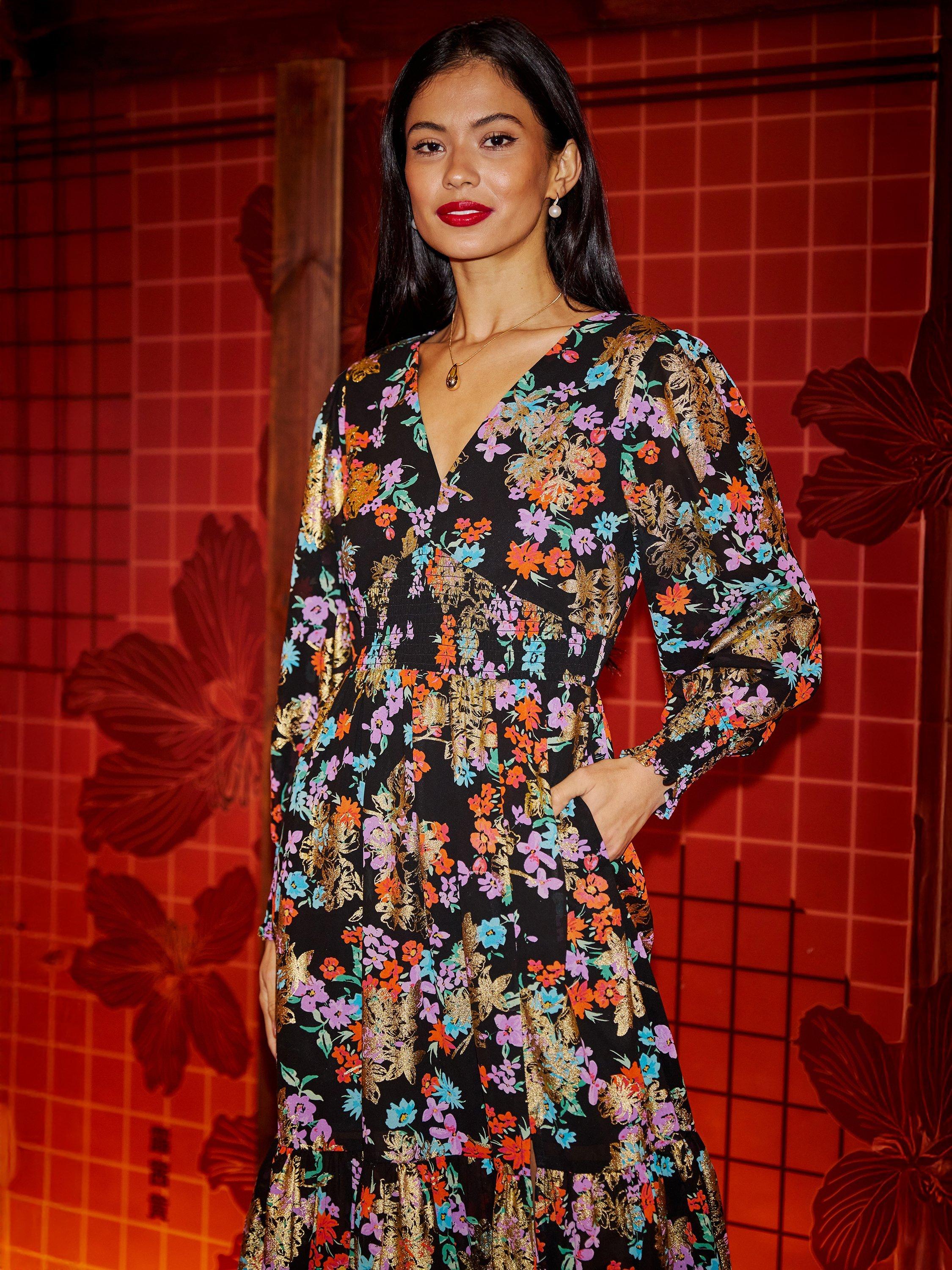 Product image 3 of 6, which shows Yumi Floral Ruched Midi Dress, Black/Multi, 8