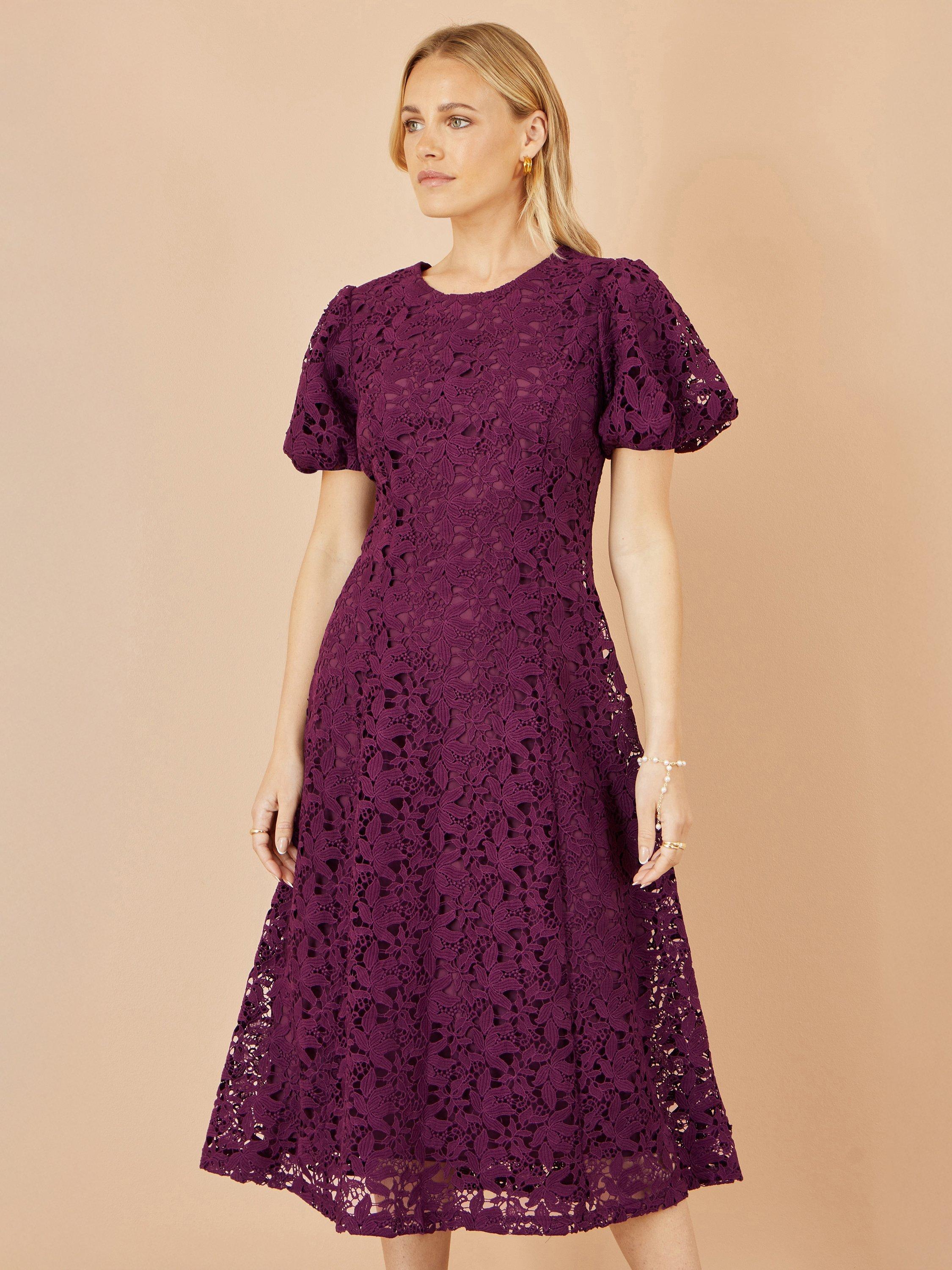 Product image 5 of 5, which shows Yumi Flared Lace Midi Dress, Burgundy, 8