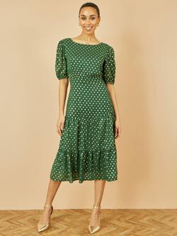 Yumi Gold Foil Print Tiered Midi Dress, Green - view 2, Green