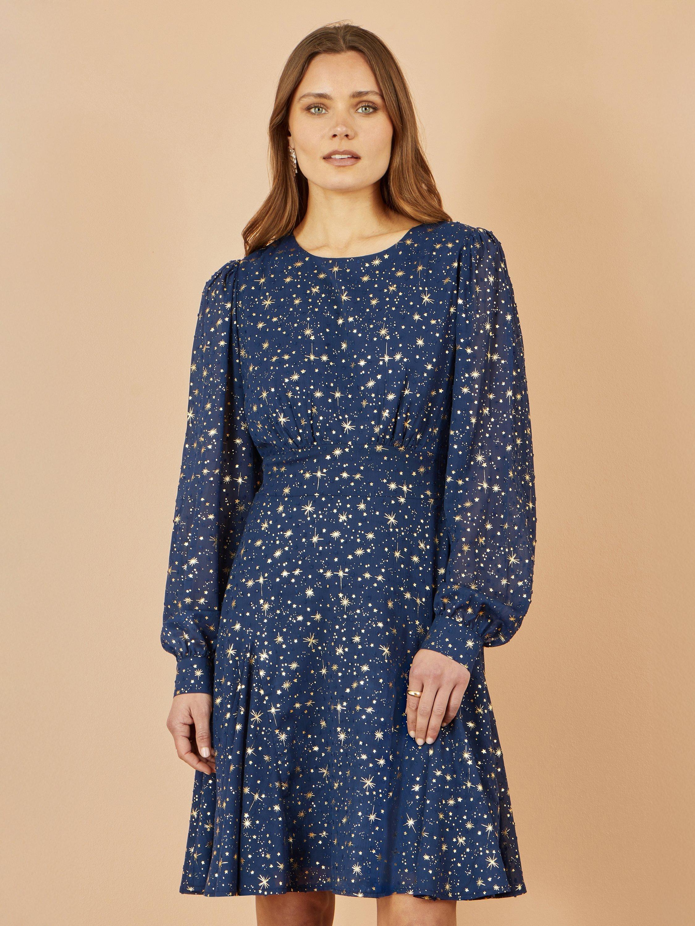 Yumi Star Print Tie Waist Skater Dress, Navy