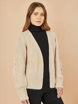 Yumi Chunky Flower Detail Open Neck Cardigan, Beige