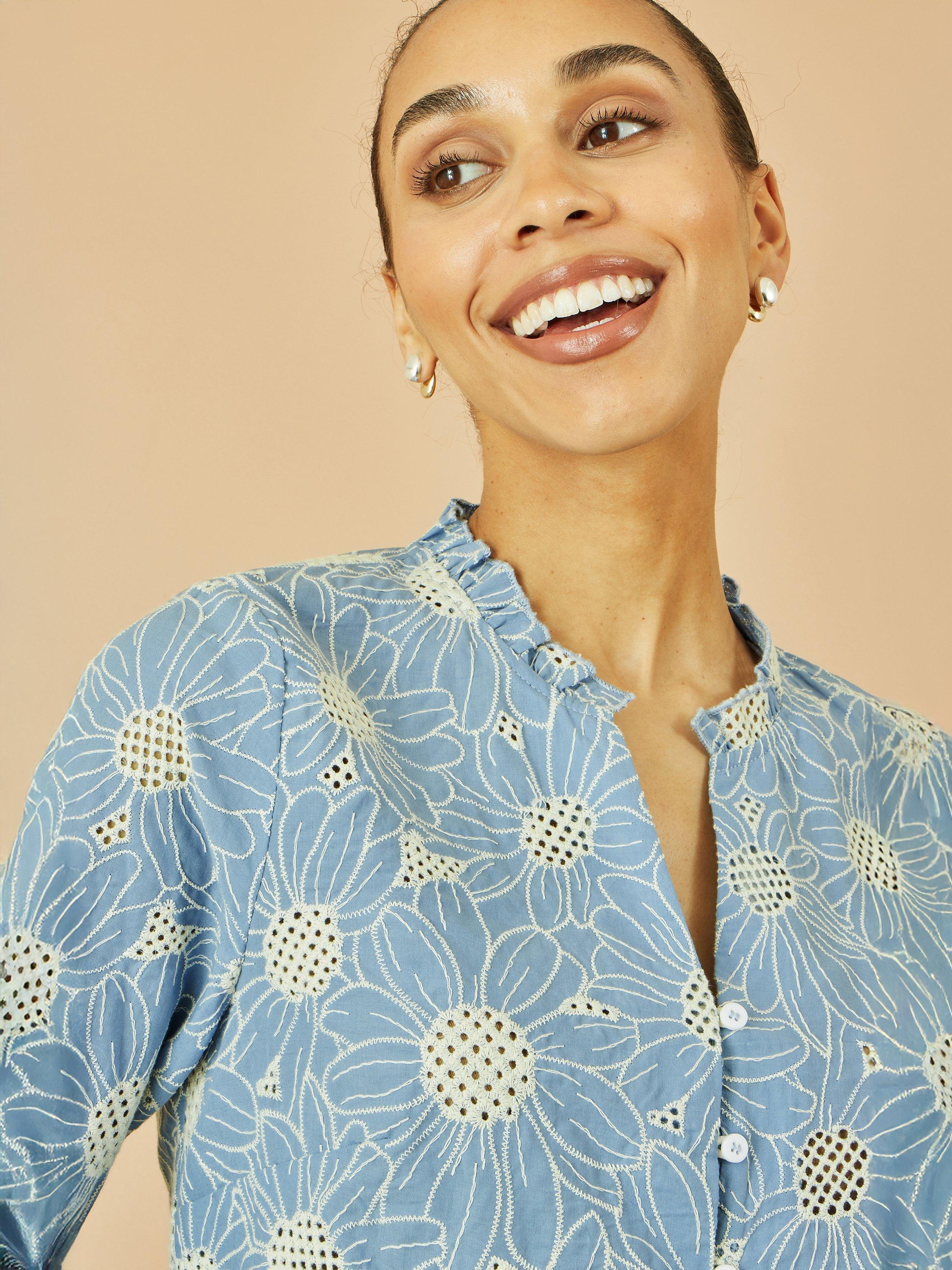 Product image 3 of 5, which shows Yumi Daisy Broderie Shirt, Blue, 8