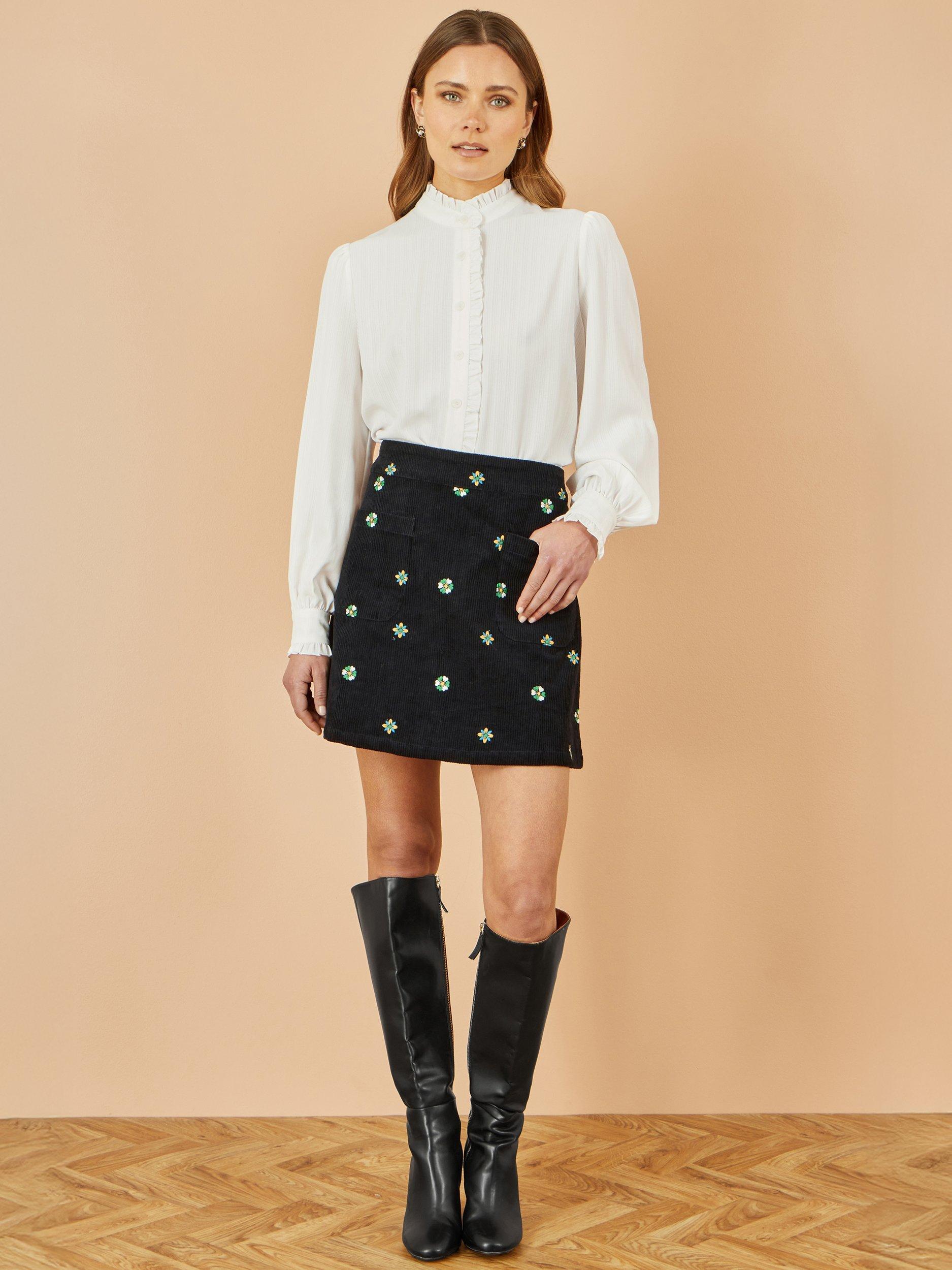 Yumi Embroidered Floral Corduroy Mini Skirt, Black