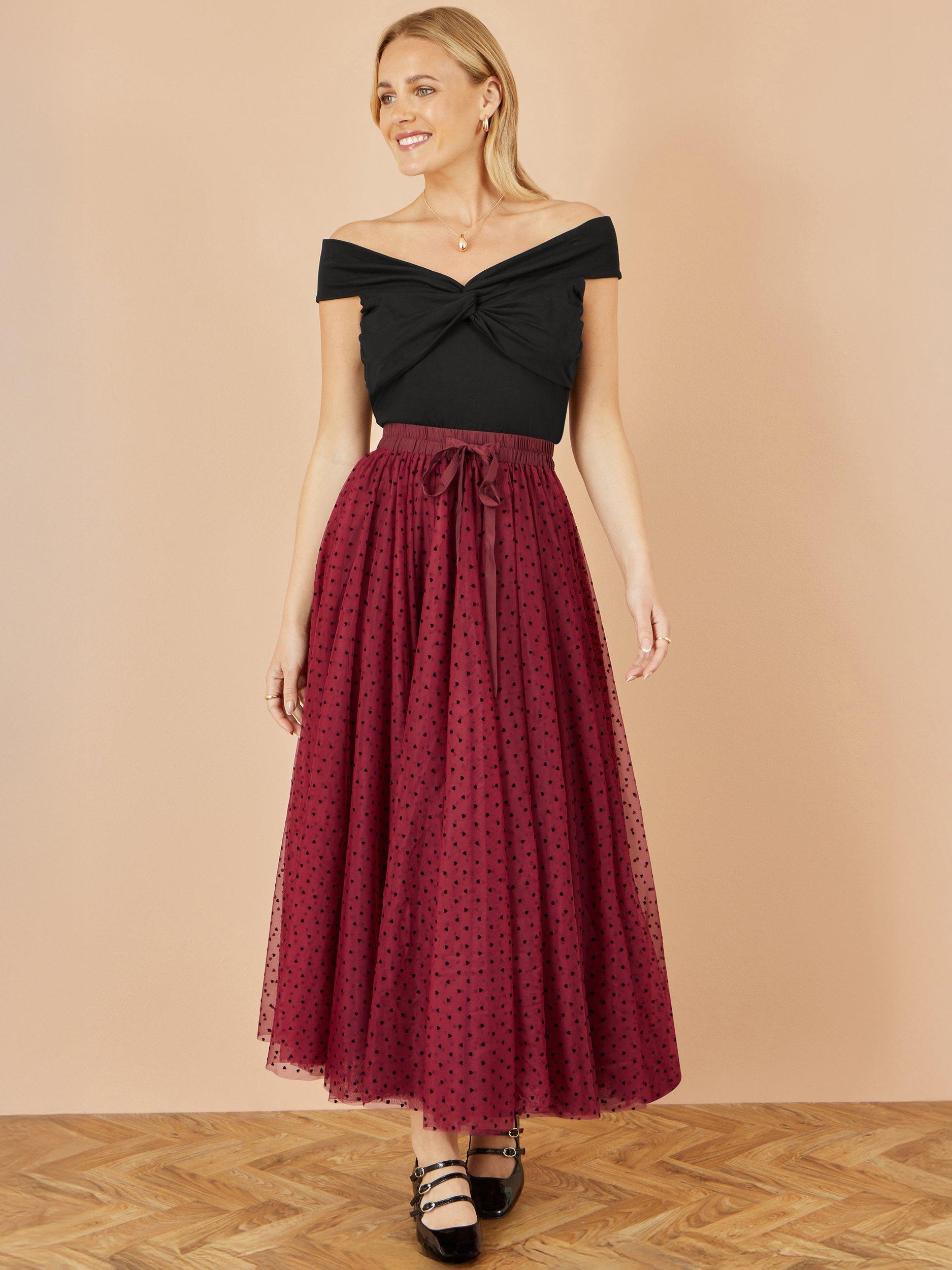Product image 1 of 3, which shows Yumi Tulle Mesh Skirt, Burgundy, 8