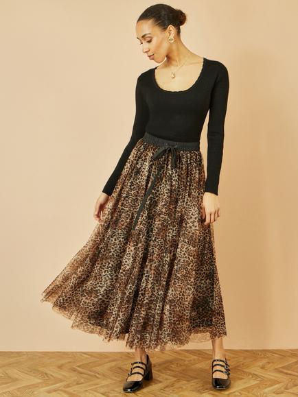 Yumi Leopard Print Mesh Tulle Skirt, Brown, Brown
