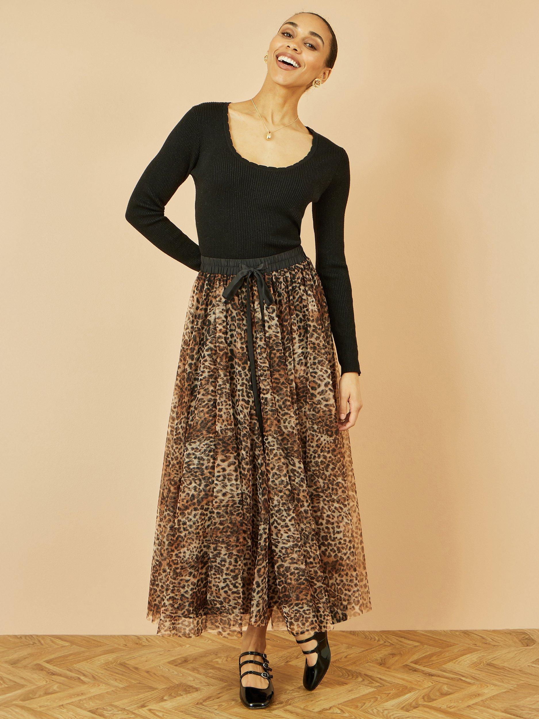 Product image 2 of 5, which shows Yumi Leopard Print Mesh Tulle Skirt, Brown, 8
