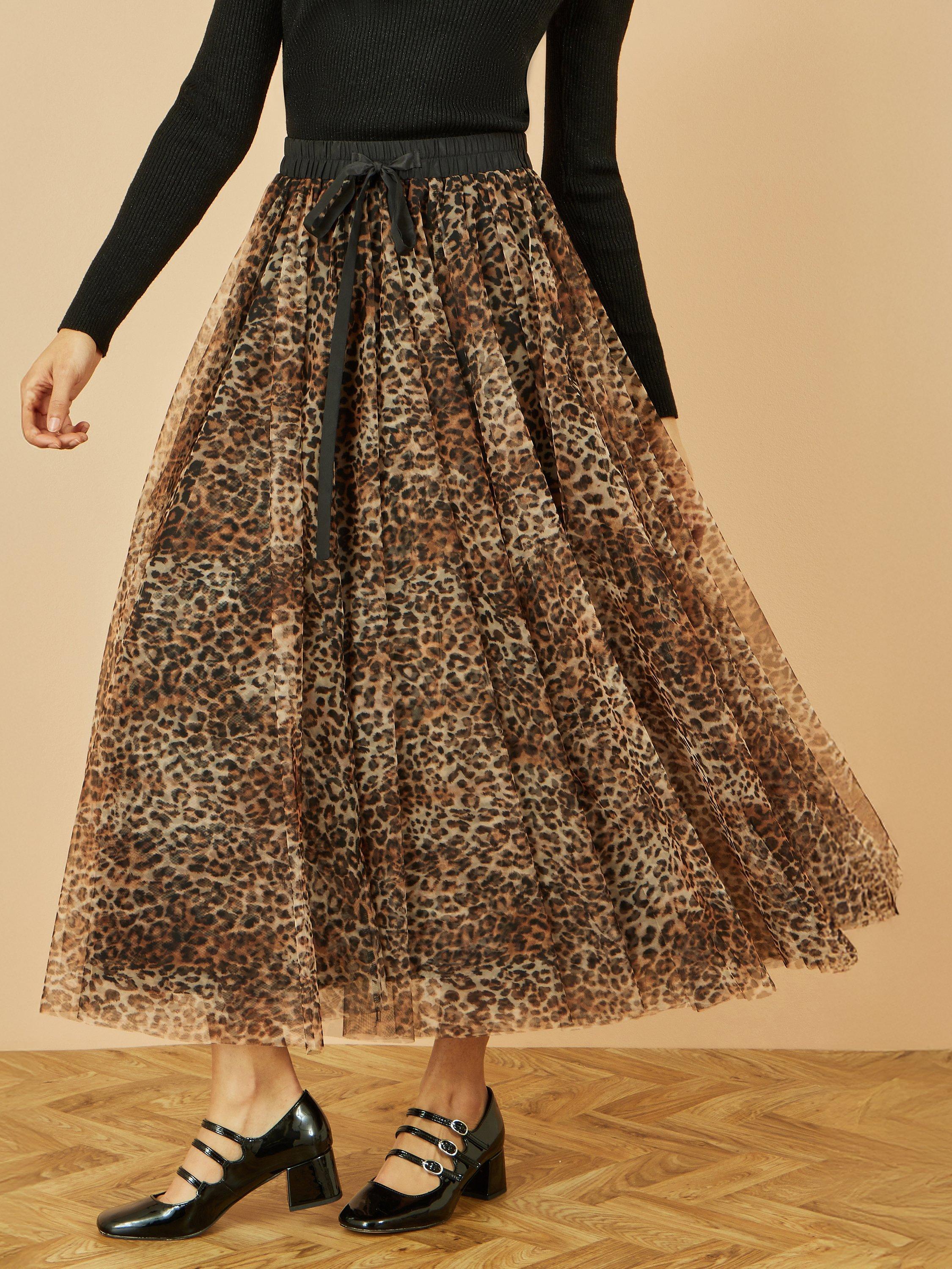 Product image 3 of 5, which shows Yumi Leopard Print Mesh Tulle Skirt, Brown, 8