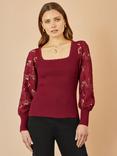 Yumi Ribbed Lace Sleeve Top, Burgundy