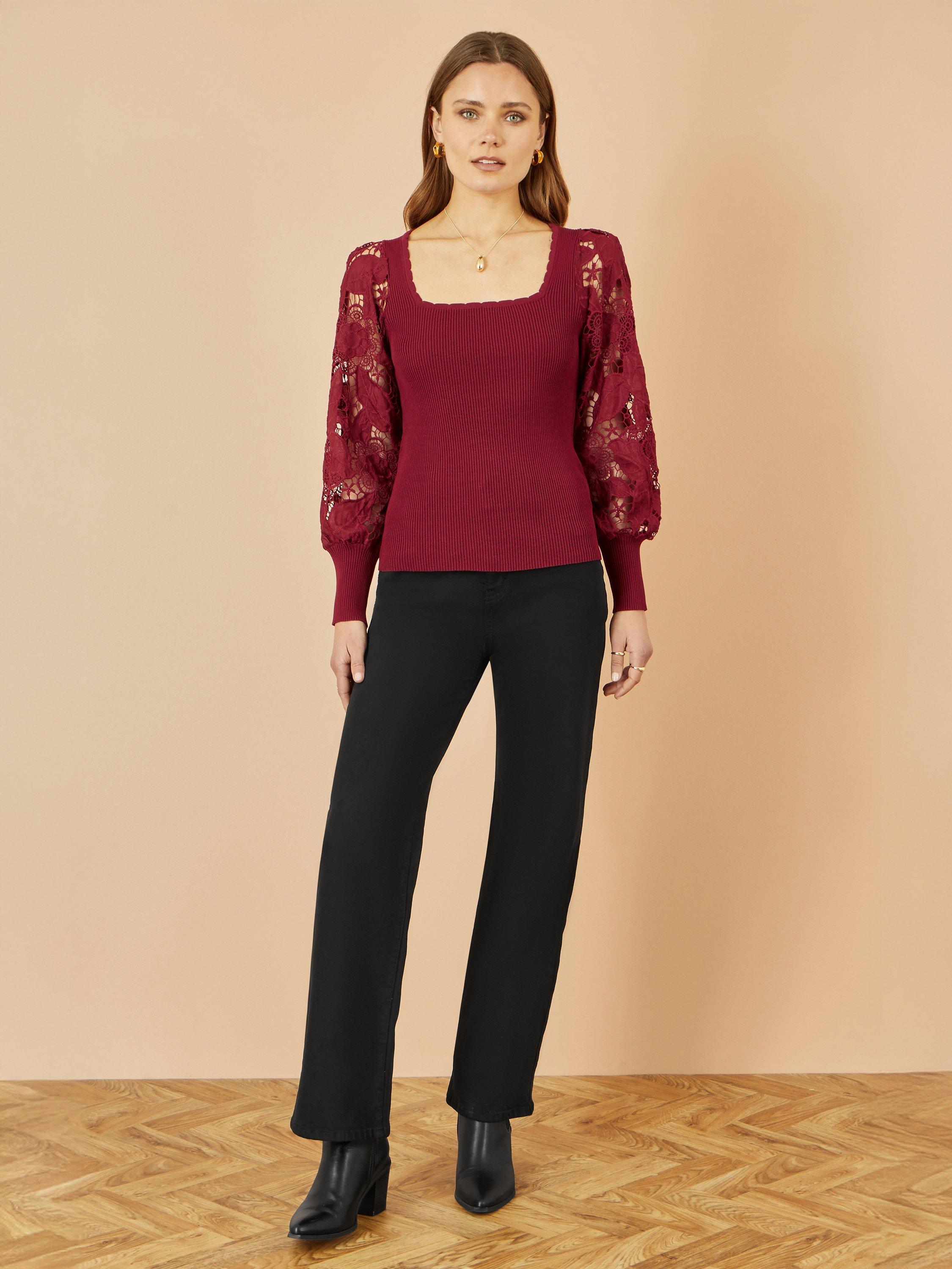 Product image 2 of 5, which shows Yumi Ribbed Lace Sleeve Top, Burgundy, S