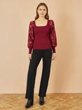 Yumi Ribbed Lace Sleeve Top, Burgundy