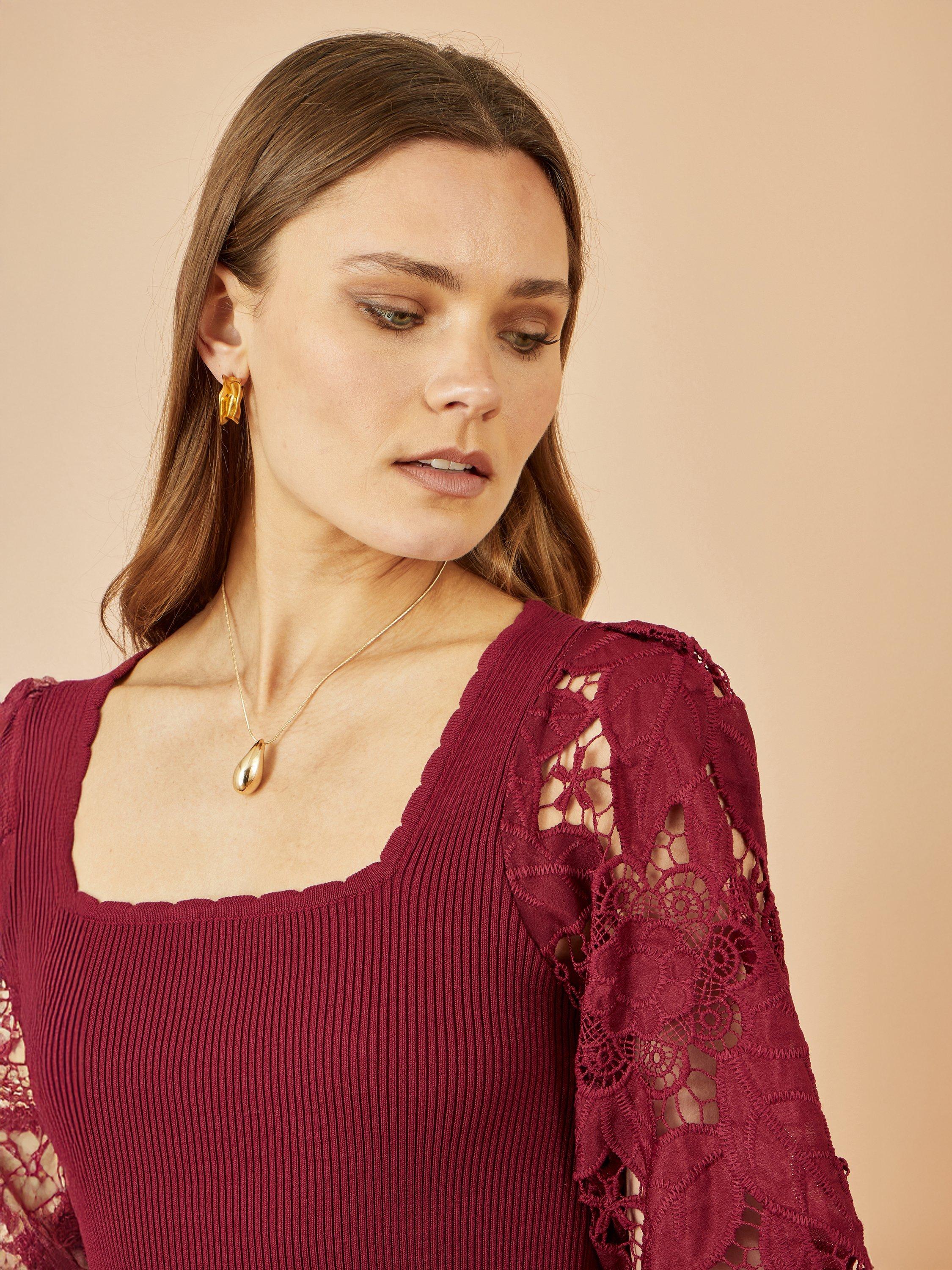 Product image 3 of 5, which shows Yumi Ribbed Lace Sleeve Top, Burgundy, S