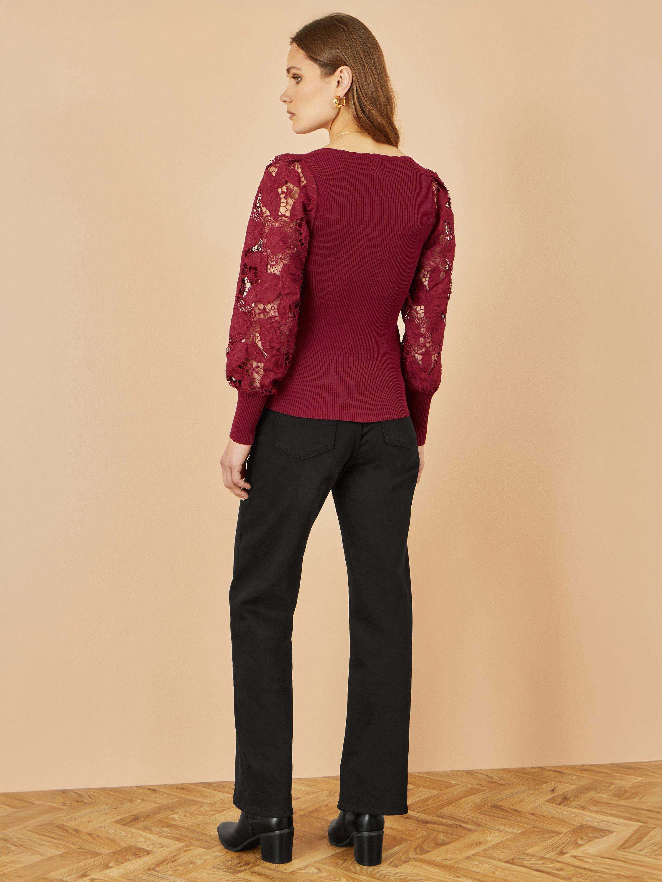Product image 4 of 5, which shows Yumi Ribbed Lace Sleeve Top, Burgundy, S