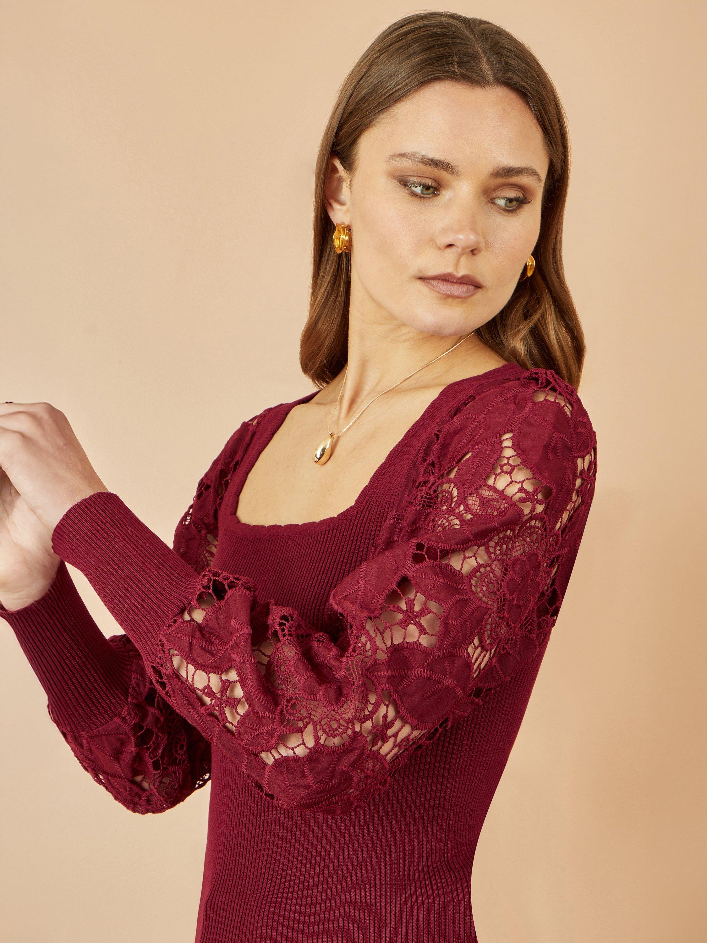 Product image 5 of 5, which shows Yumi Ribbed Lace Sleeve Top, Burgundy, S