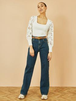 Yumi Ribbed Lace Sleeve Top, White