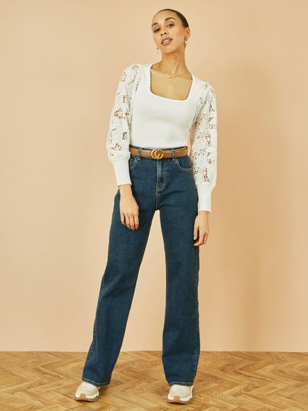 Yumi Ribbed Lace Sleeve Top, White