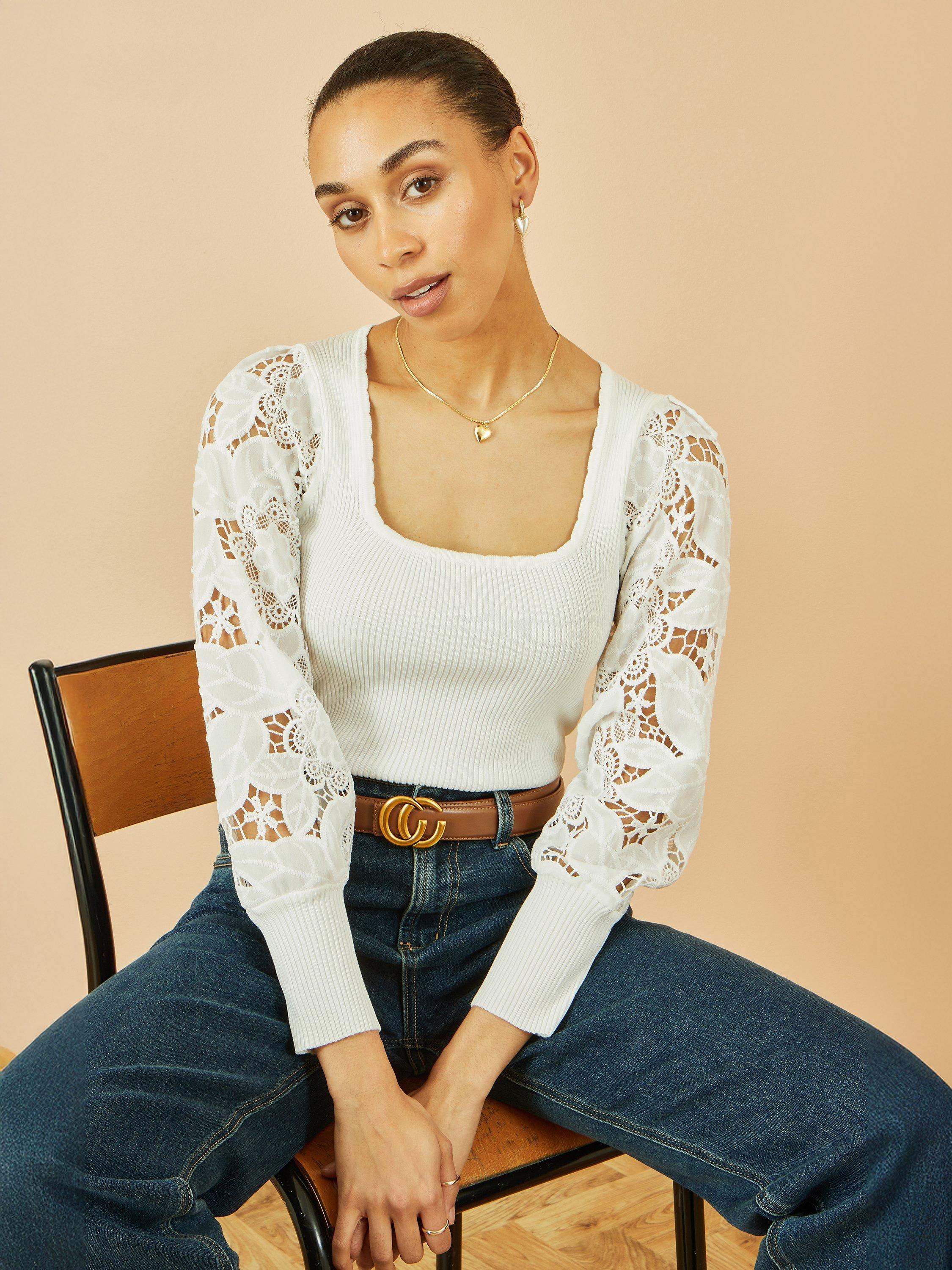 Product image 2 of 5, which shows Yumi Ribbed Lace Sleeve Top, White, S