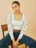 Yumi Ribbed Lace Sleeve Top, White