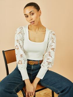 Yumi Ribbed Lace Sleeve Top - view 2, White