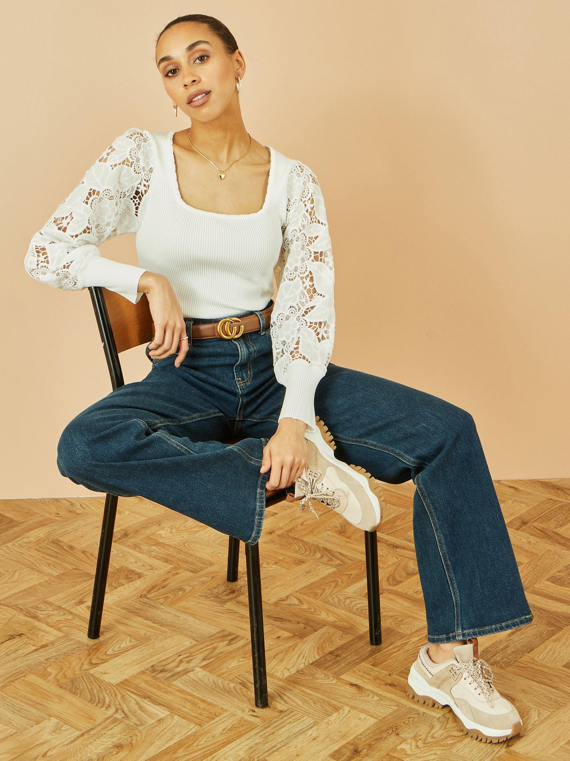 Product image 3 of 5, which shows Yumi Ribbed Lace Sleeve Top, White, S