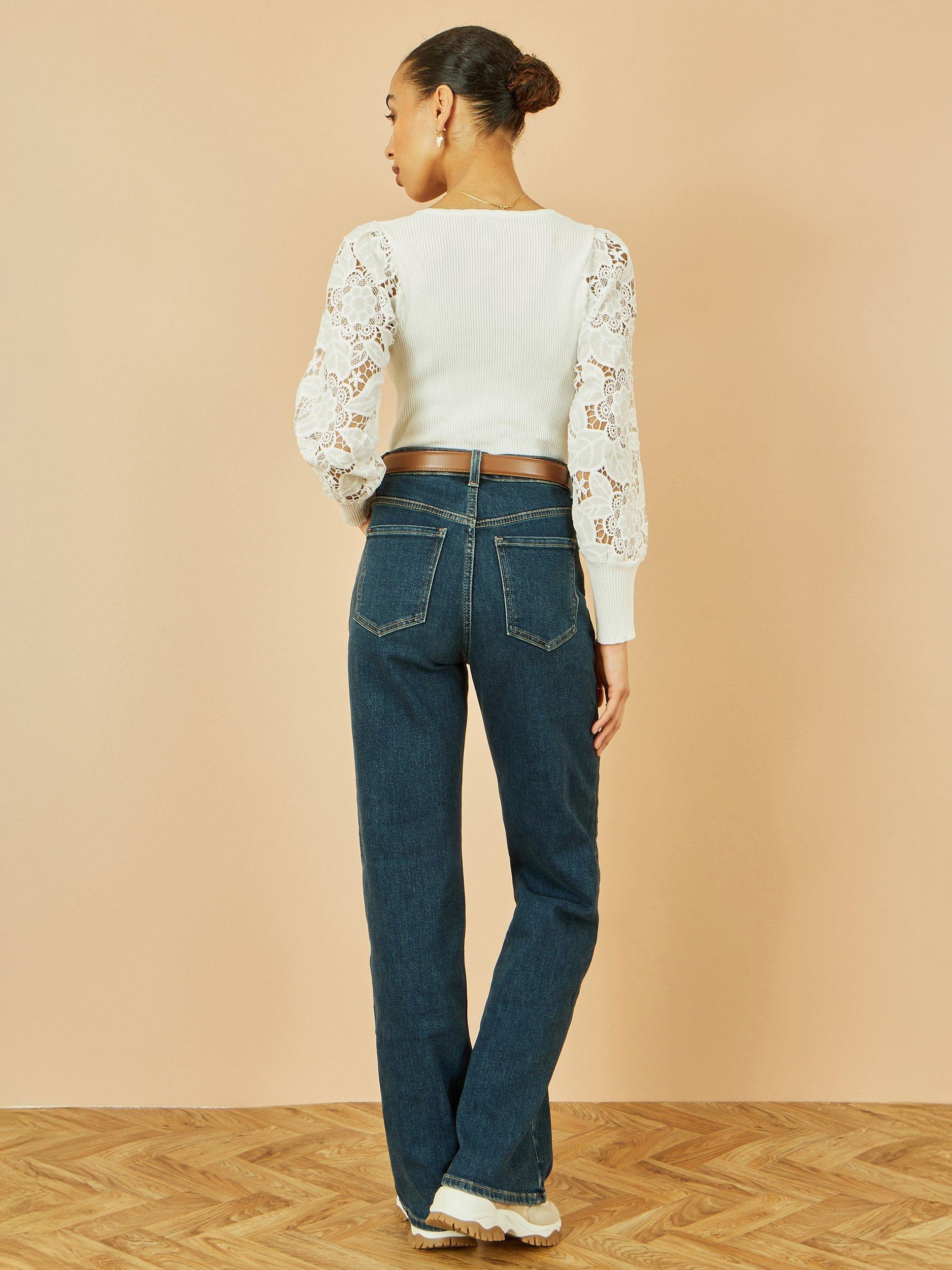 Product image 4 of 5, which shows Yumi Ribbed Lace Sleeve Top, White, S