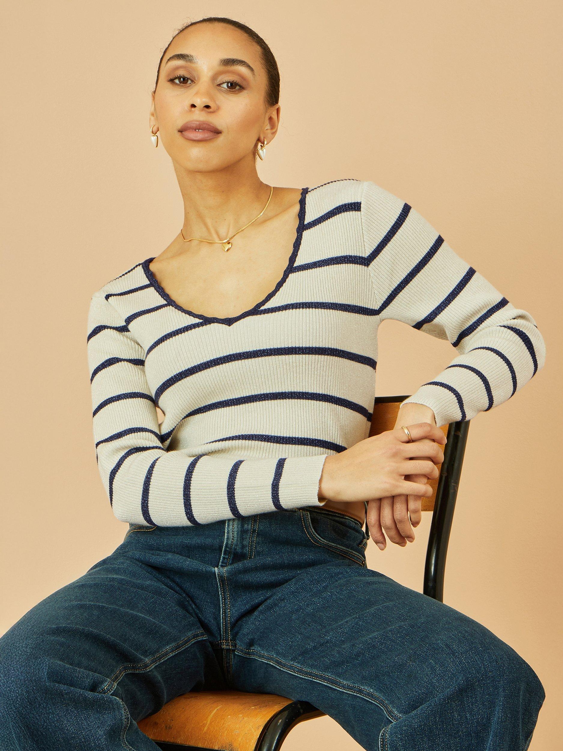 Product image 3 of 5, which shows Yumi Metallic Stripe Rib Knit Top, Ivory, S