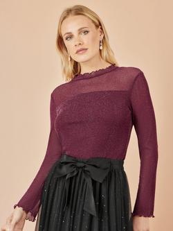 Yumi Shimmer Print Mesh Top, Burgundy, Burgundy