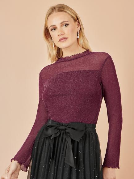 Yumi Shimmer Print Mesh Top, Burgundy, Burgundy