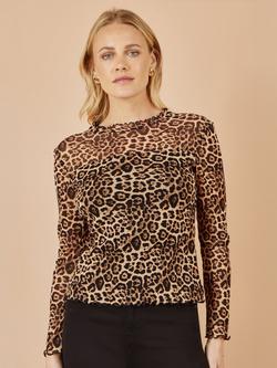 Yumi Leopard Print Mesh Top, Brown, Brown
