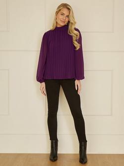 Yumi Pleated High Neck Top, Plum - view 2, Plum