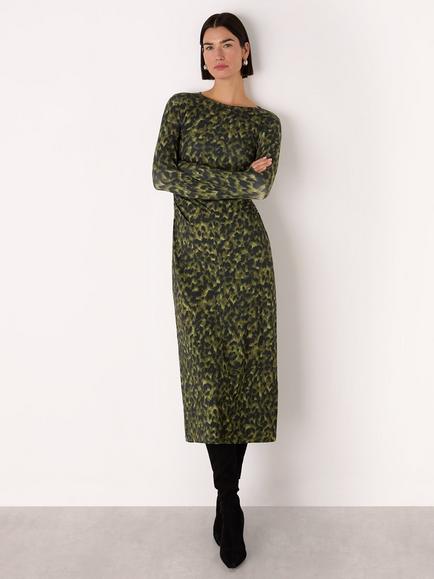 Whistles Animal Print Jersey Ruched Dress, Green/Multi, Green/Multi