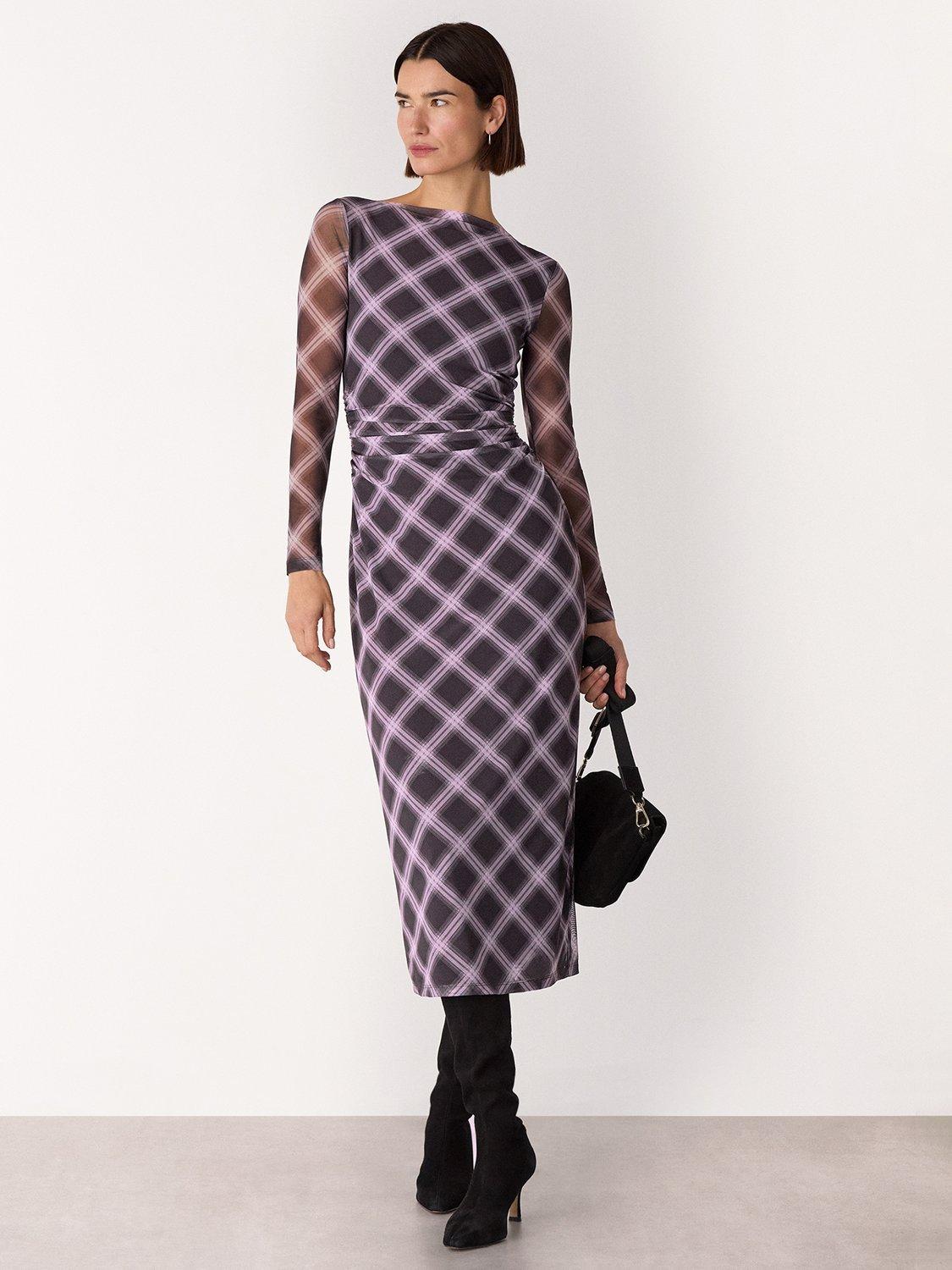 Product image 1 of 5, which shows Whistles Check Mesh Midi Dress, Burgundy/Multi, 6