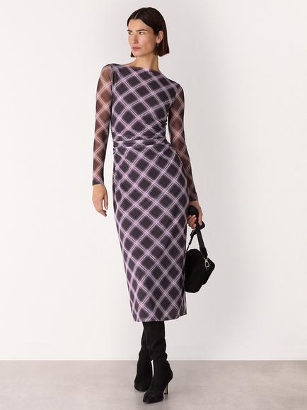 Whistles Check Mesh Midi Dress, Burgundy/Multi, Burgundy/Multi