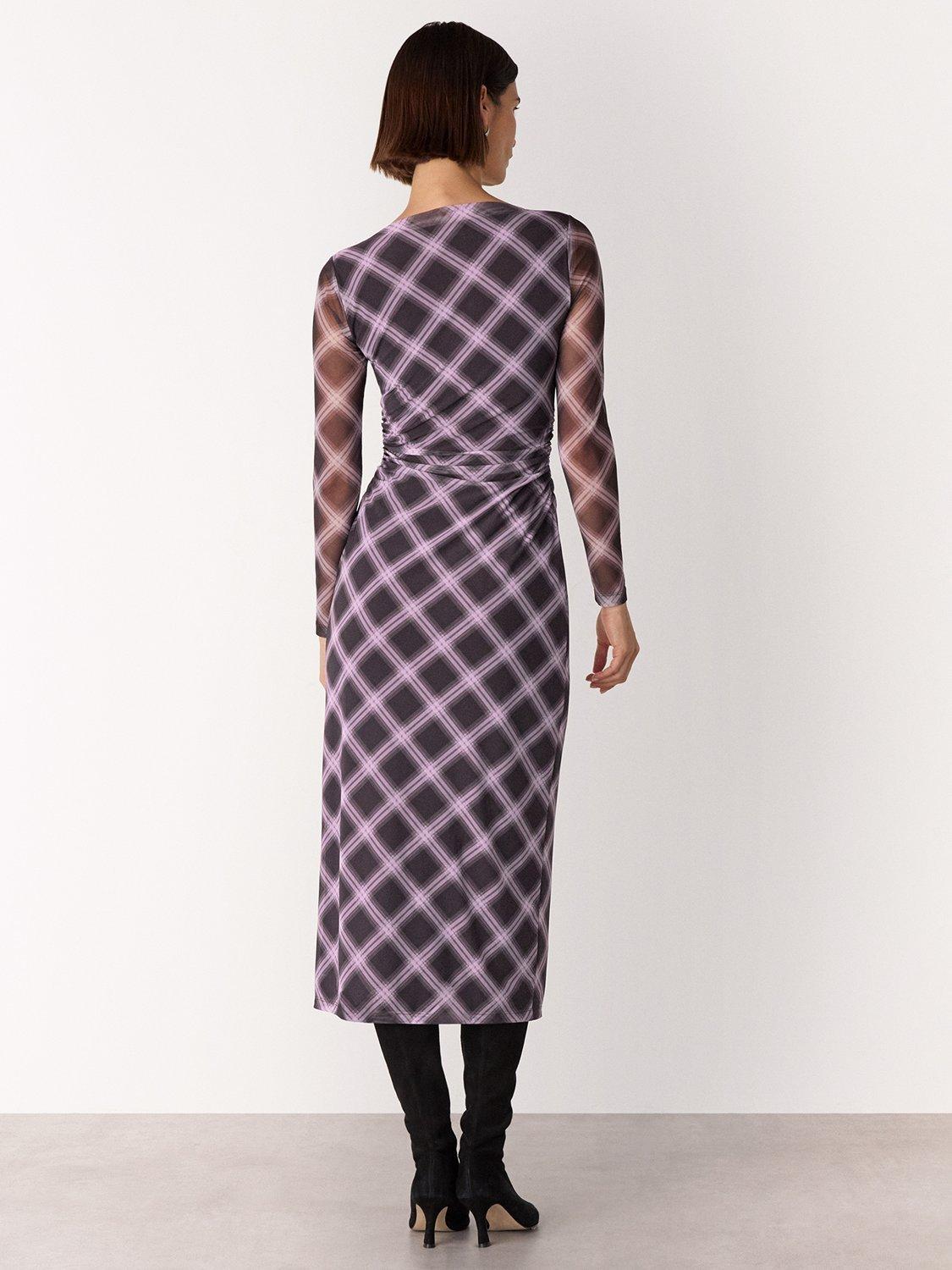 Product image 2 of 5, which shows Whistles Check Mesh Midi Dress, Burgundy/Multi, 6