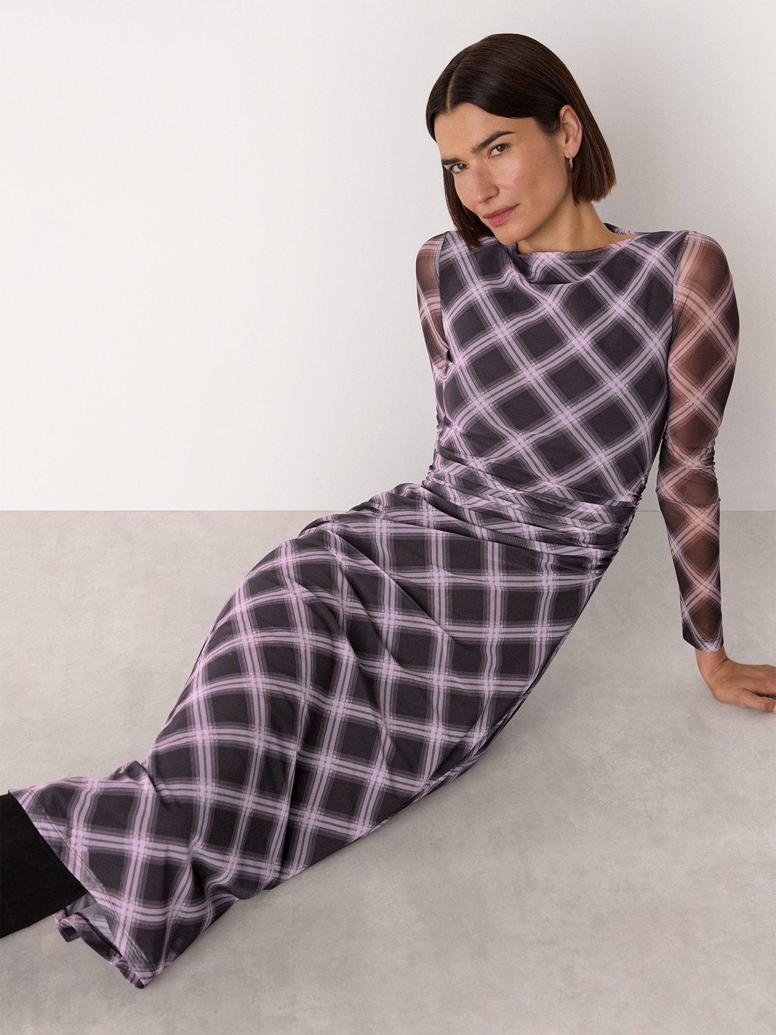 Product image 3 of 5, which shows Whistles Check Mesh Midi Dress, Burgundy/Multi, 6