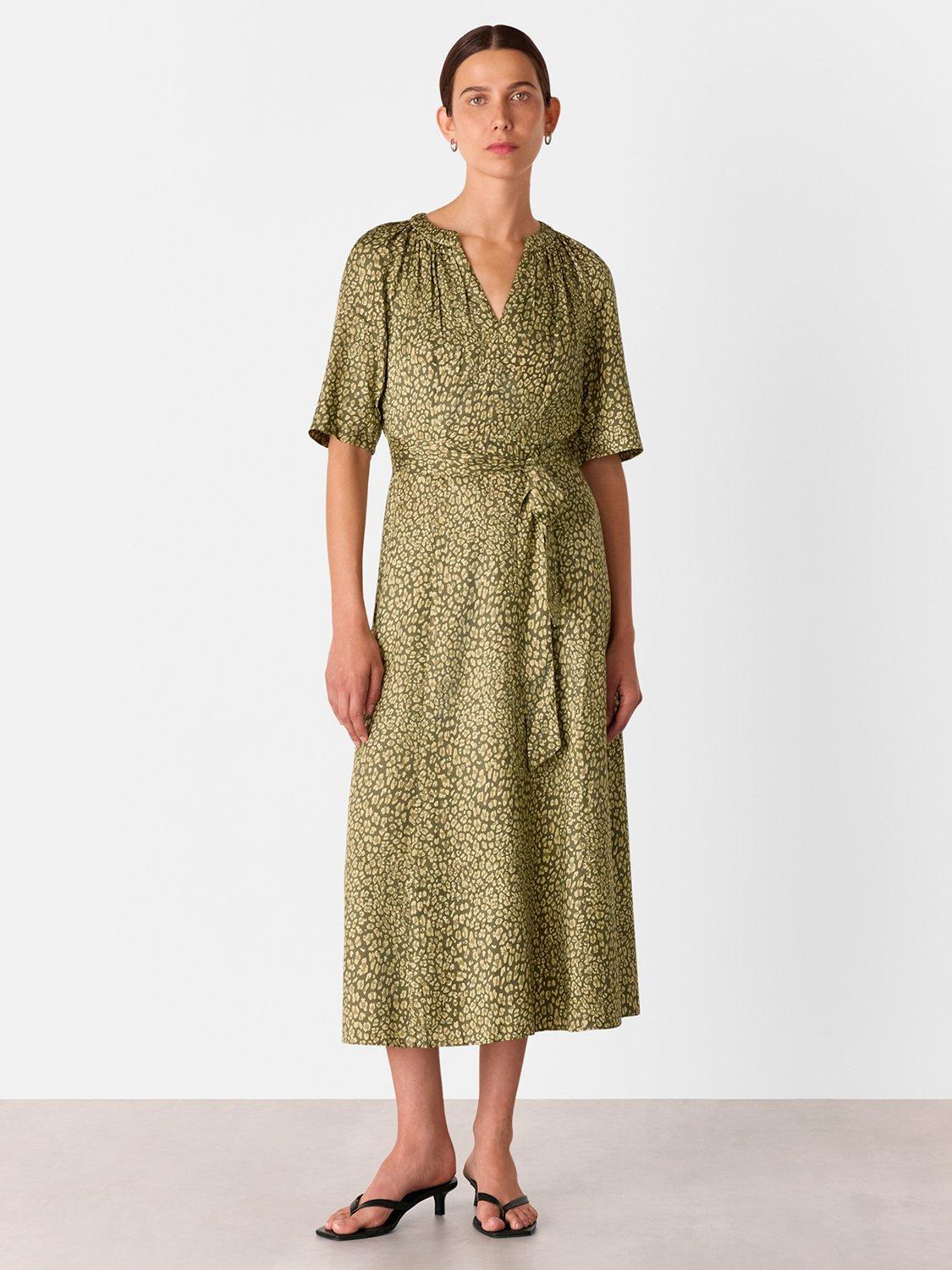 Product image 1 of 5, which shows Whistles Leopard Print Midi Dress, Green/Multi, 6