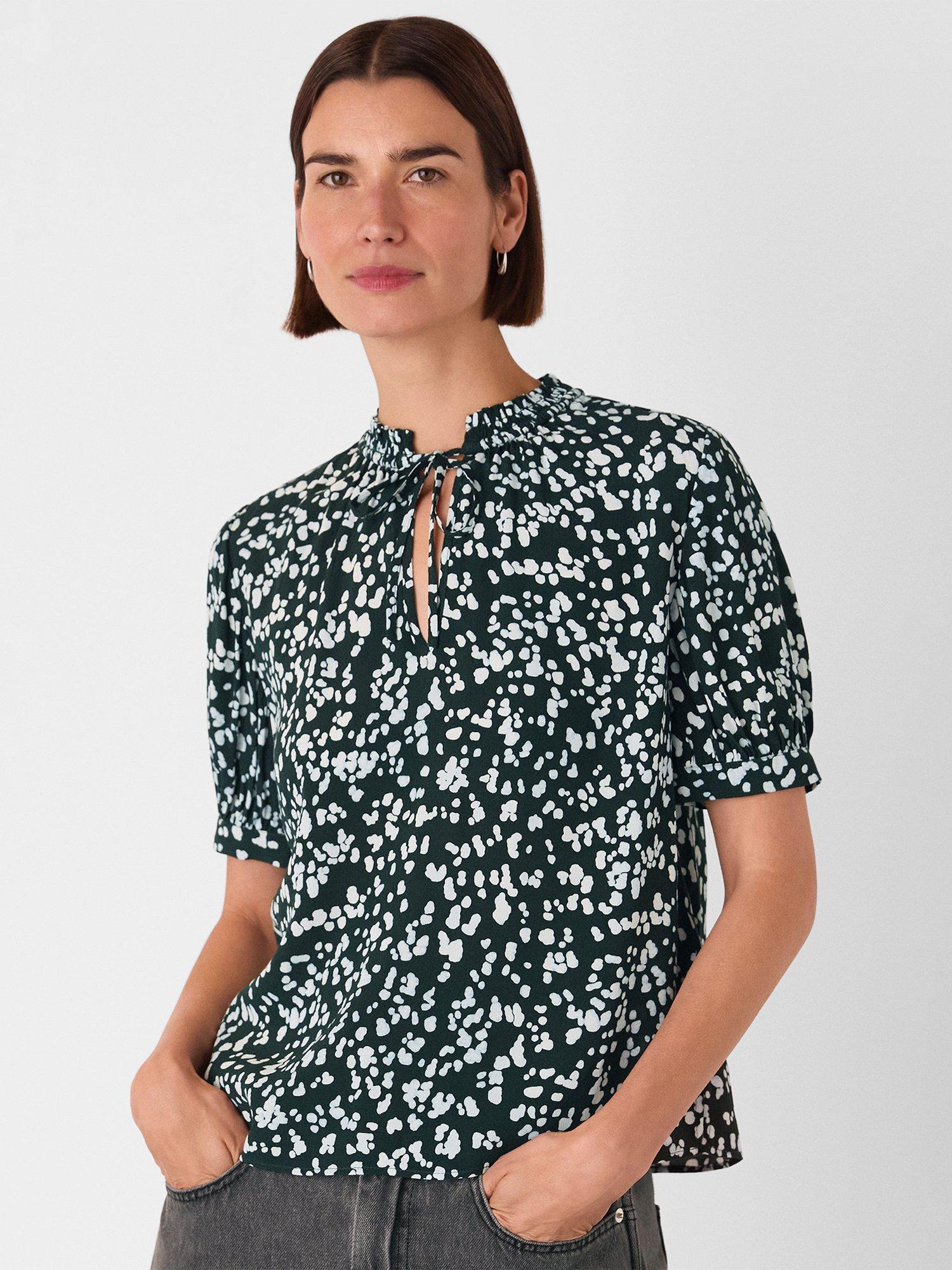 Product image 1 of 5, which shows Whistles Spot Print Tie Neck Short Sleeve Blouse, Teal/Multi, 6