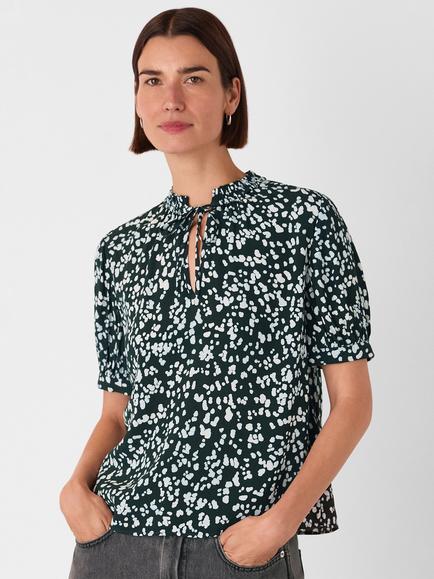 Whistles Spot Print Tie Neck Short Sleeve Blouse, Teal/Multi