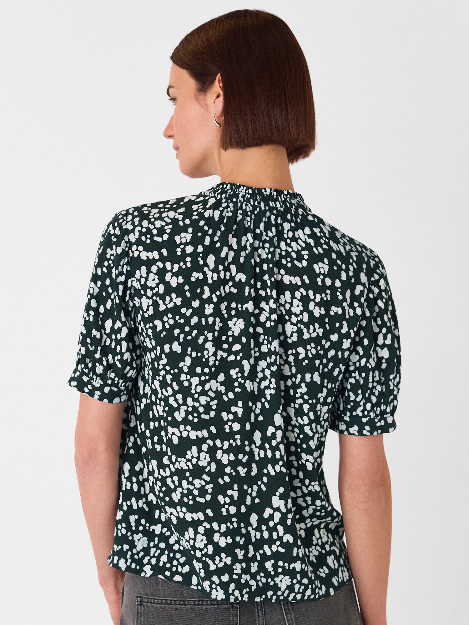 Product image 2 of 5, which shows Whistles Spot Print Tie Neck Short Sleeve Blouse, Teal/Multi, 6