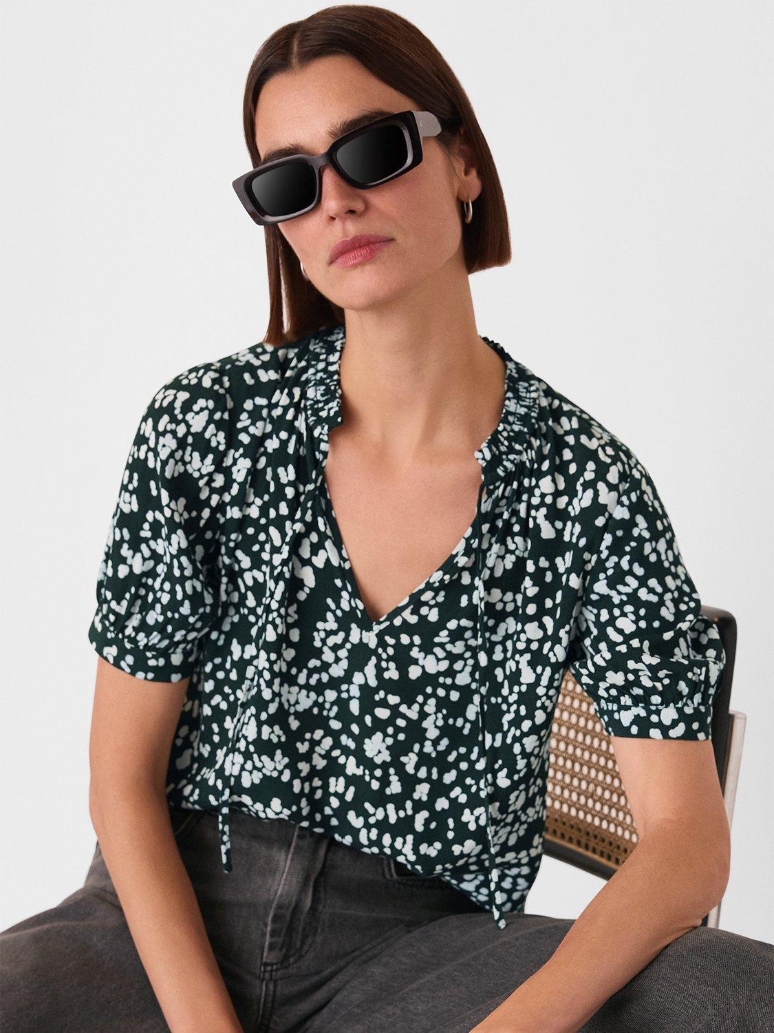 Product image 3 of 5, which shows Whistles Spot Print Tie Neck Short Sleeve Blouse, Teal/Multi, 6