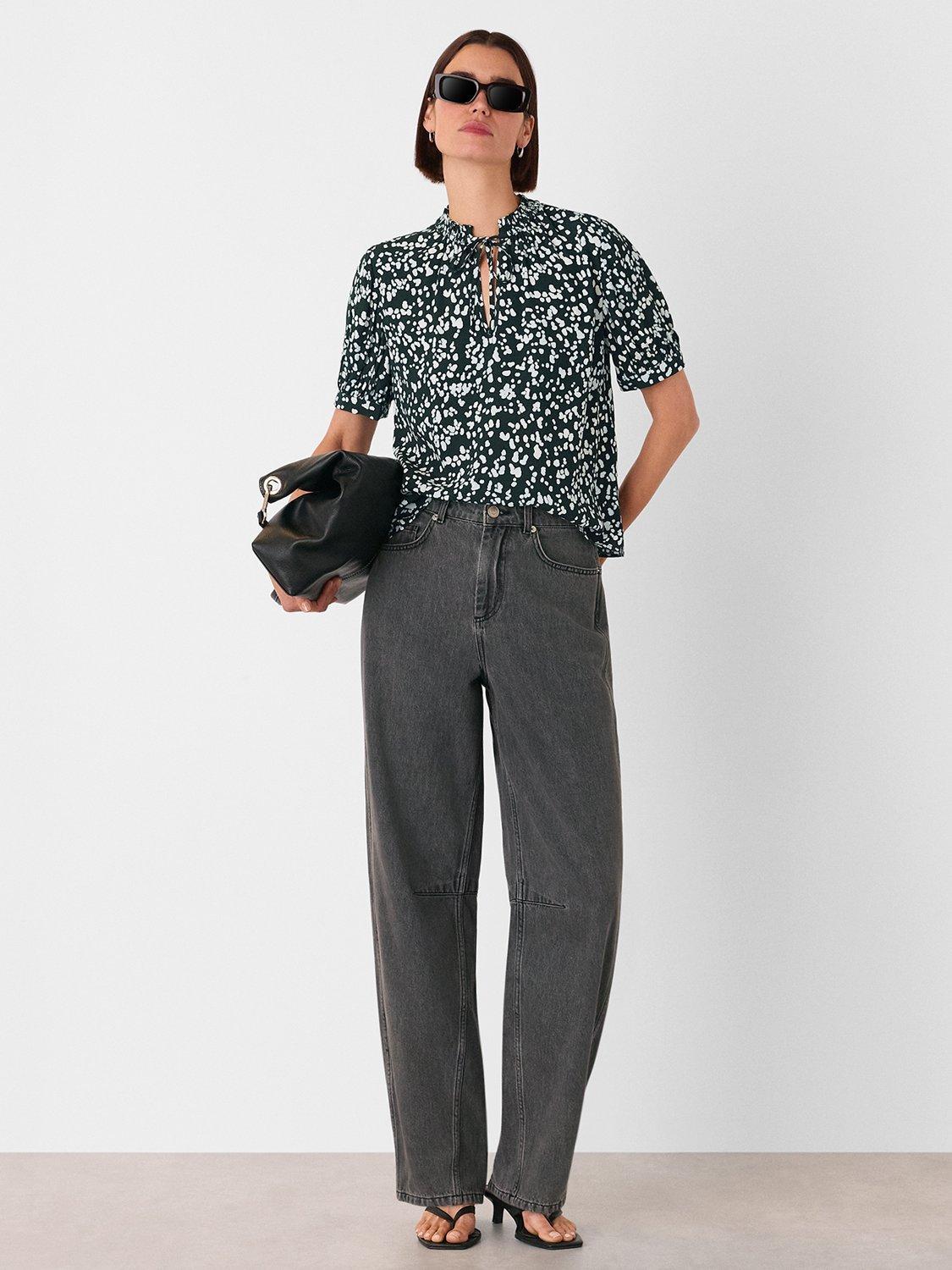 Product image 4 of 5, which shows Whistles Spot Print Tie Neck Short Sleeve Blouse, Teal/Multi, 6